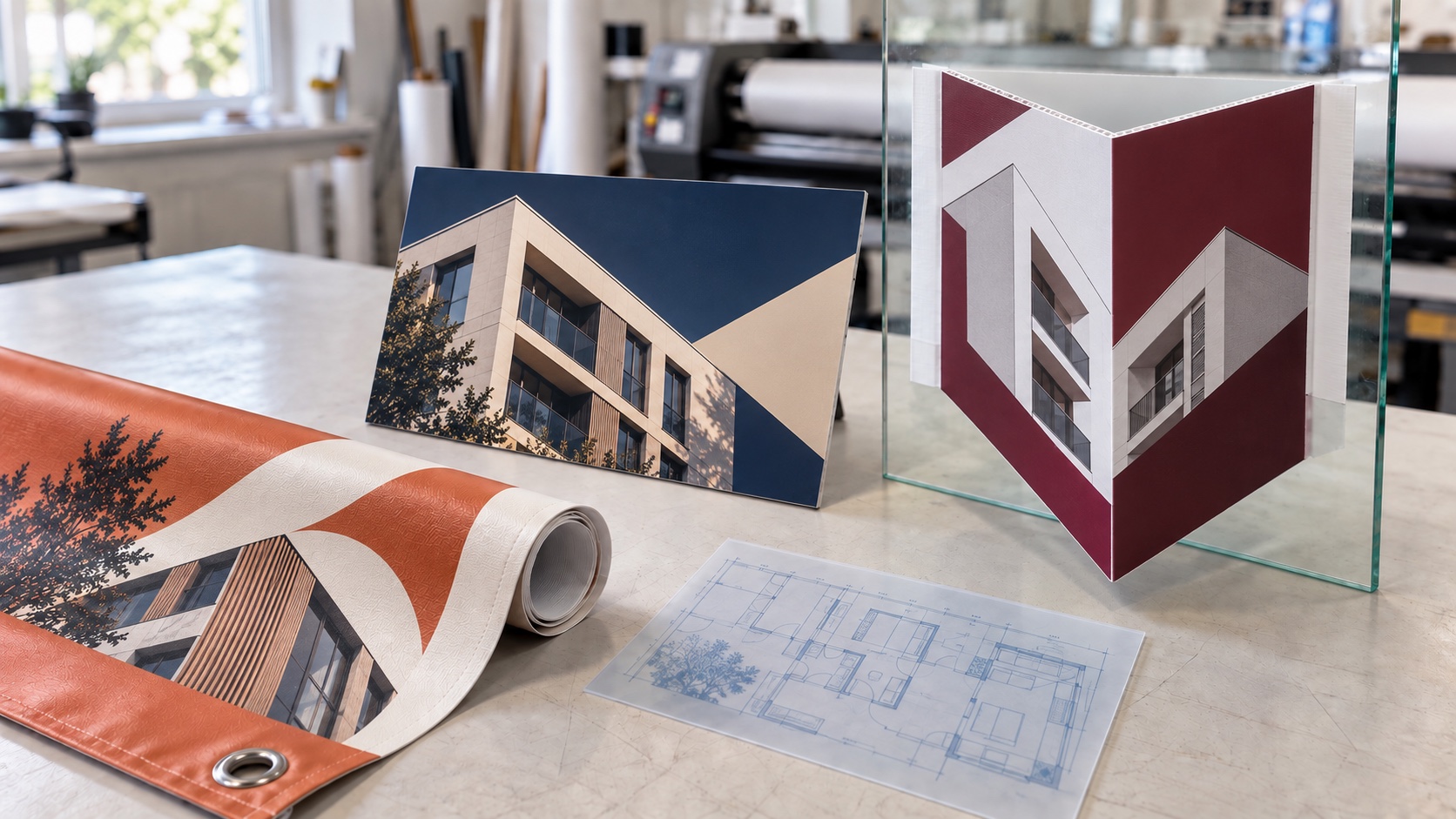 Bedrucktes Faltschild, Flachschilder, PVC-Banner und Klebefolie in einer Druckproduktion