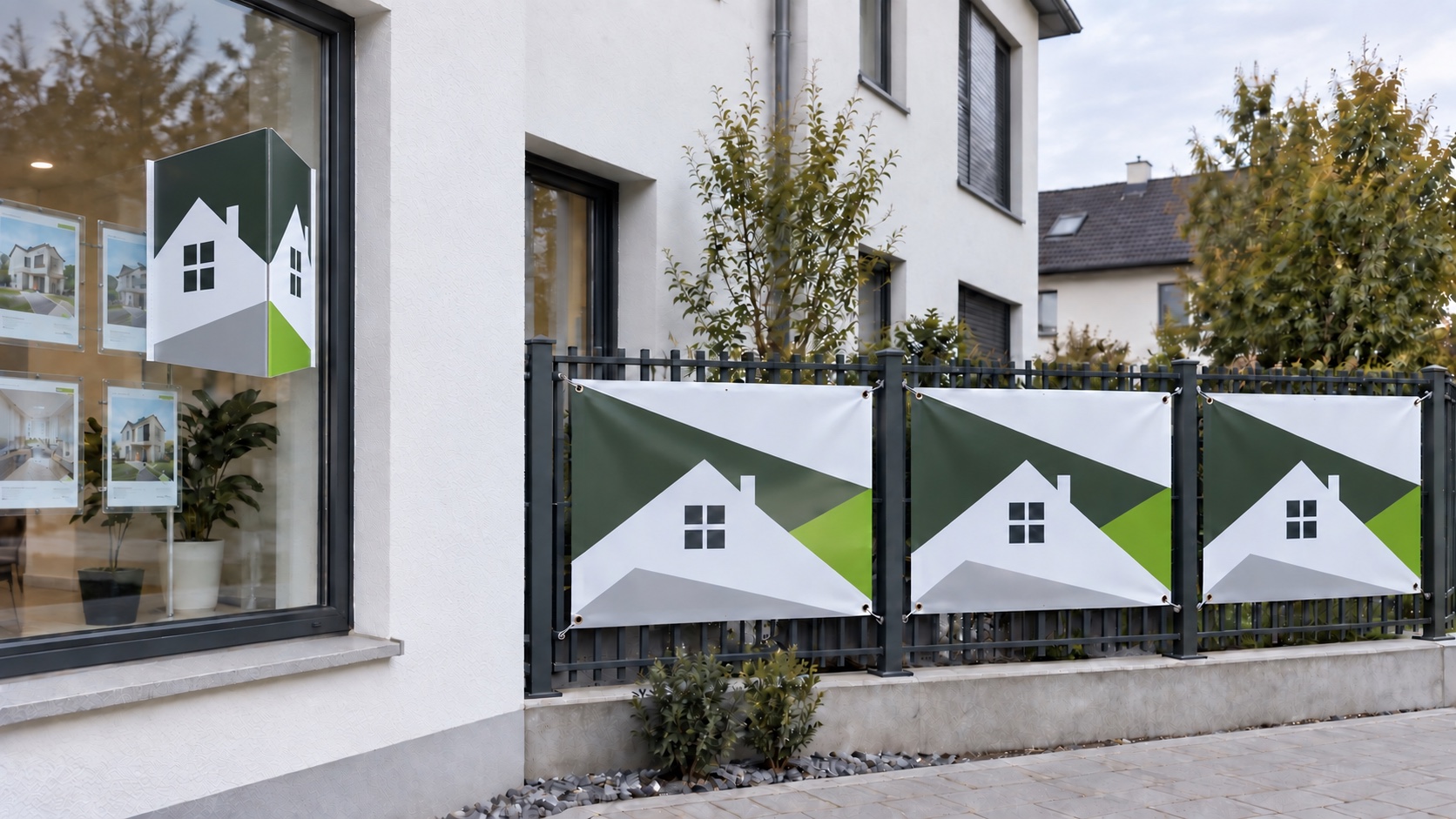 Dreieckig gefaltetes Hohlkammerplattenschild am Fenster und drei gleich große Werbebanner am Zaun