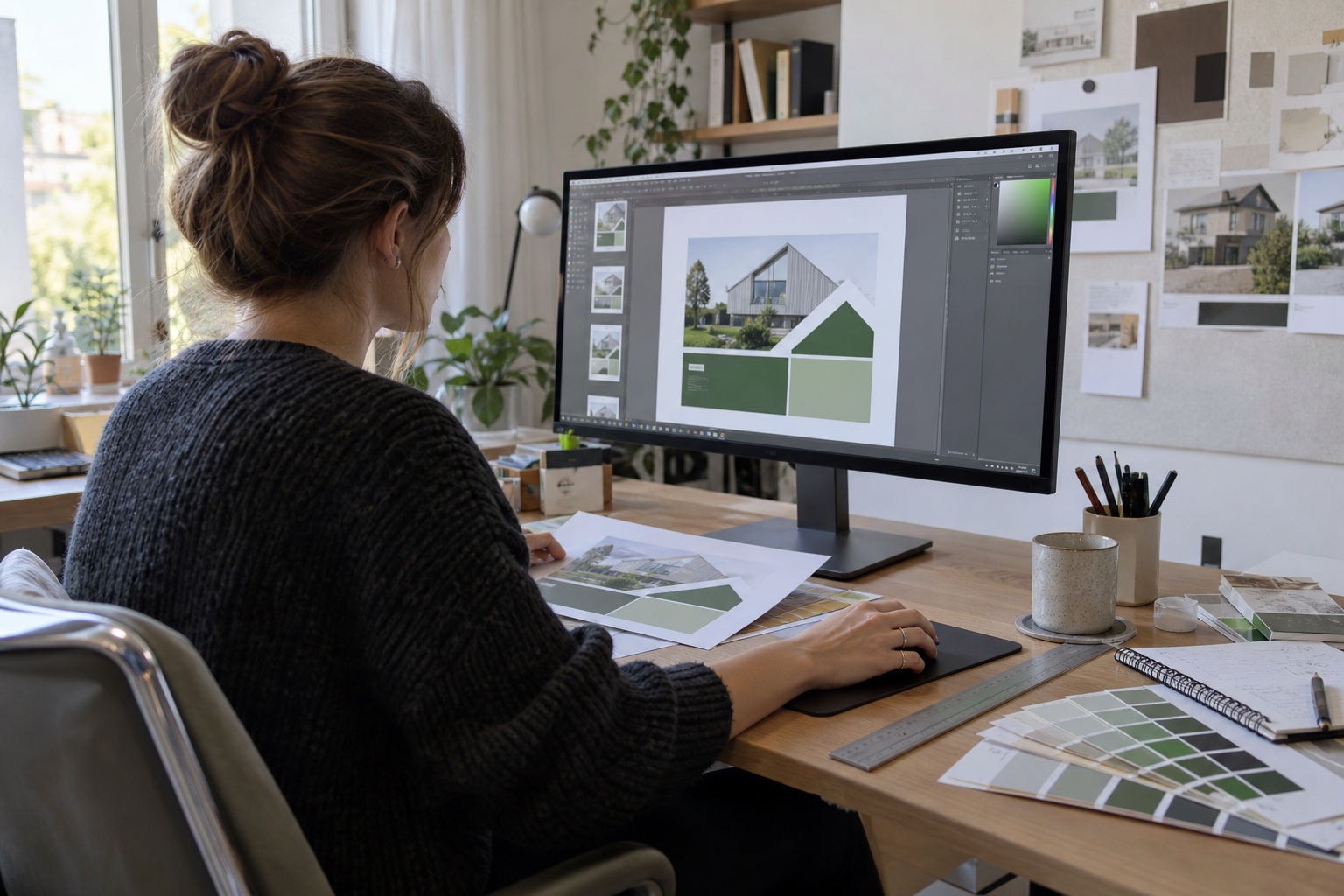 Freie Grafikdesignerin prüft ein Layout für gedruckte Immobilienwerbung