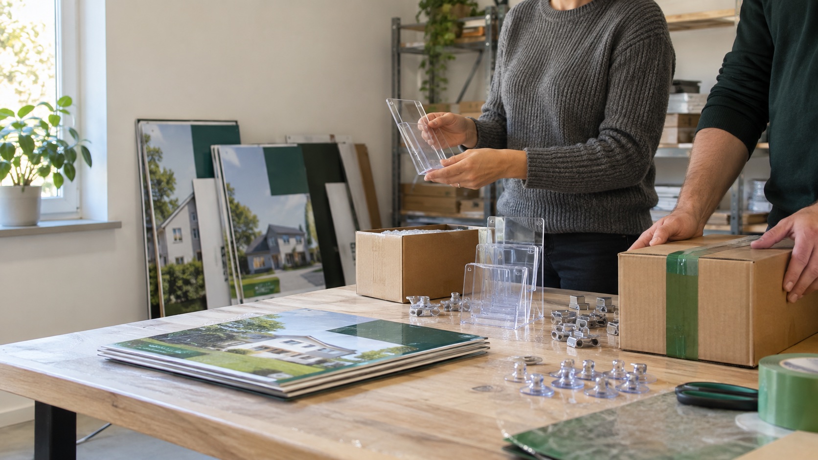 Produktpartner bereiten Immobilienwerbung und Befestigungszubehör für den Versand vor