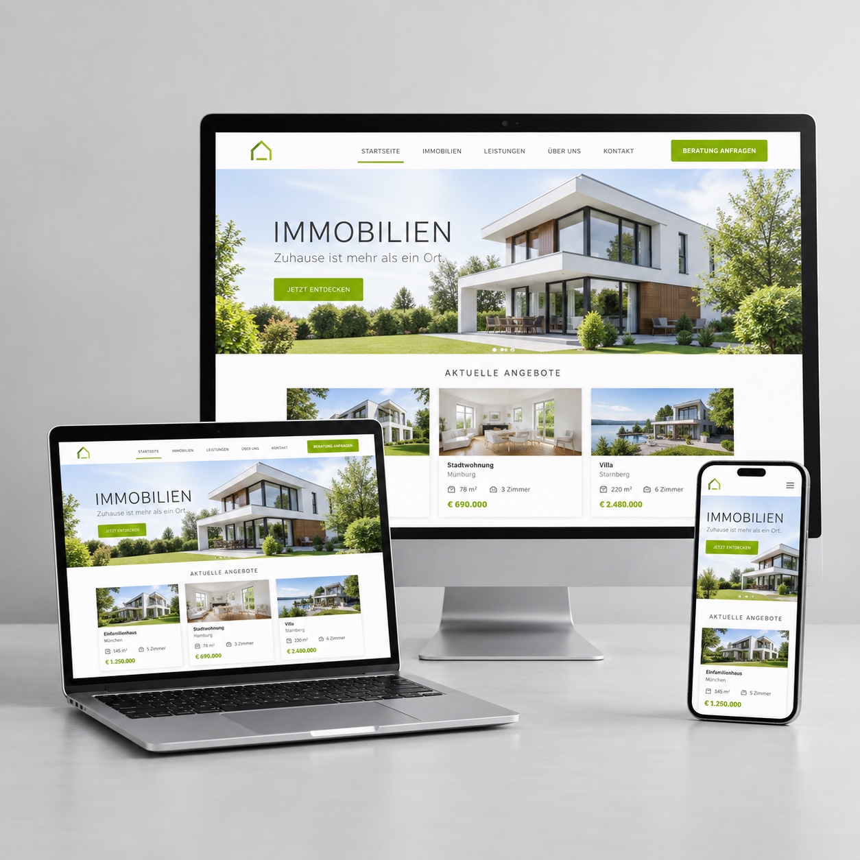 Immobilienwebsite auf Desktop, Laptop und Smartphone