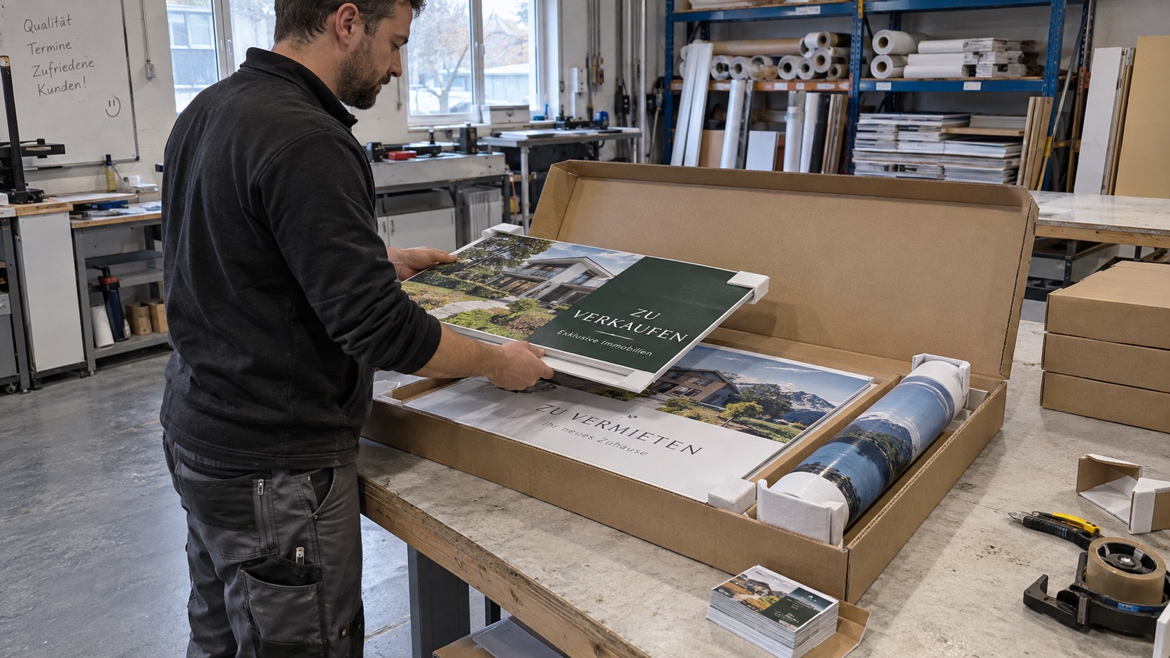 Druckmitarbeiter verpackt Flachschilder und ein Banner für einen White-Label-Auftrag